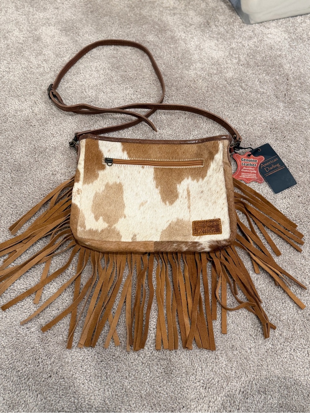 American Darling Tan and Cream Fringe Cowhide Crossbody Bag